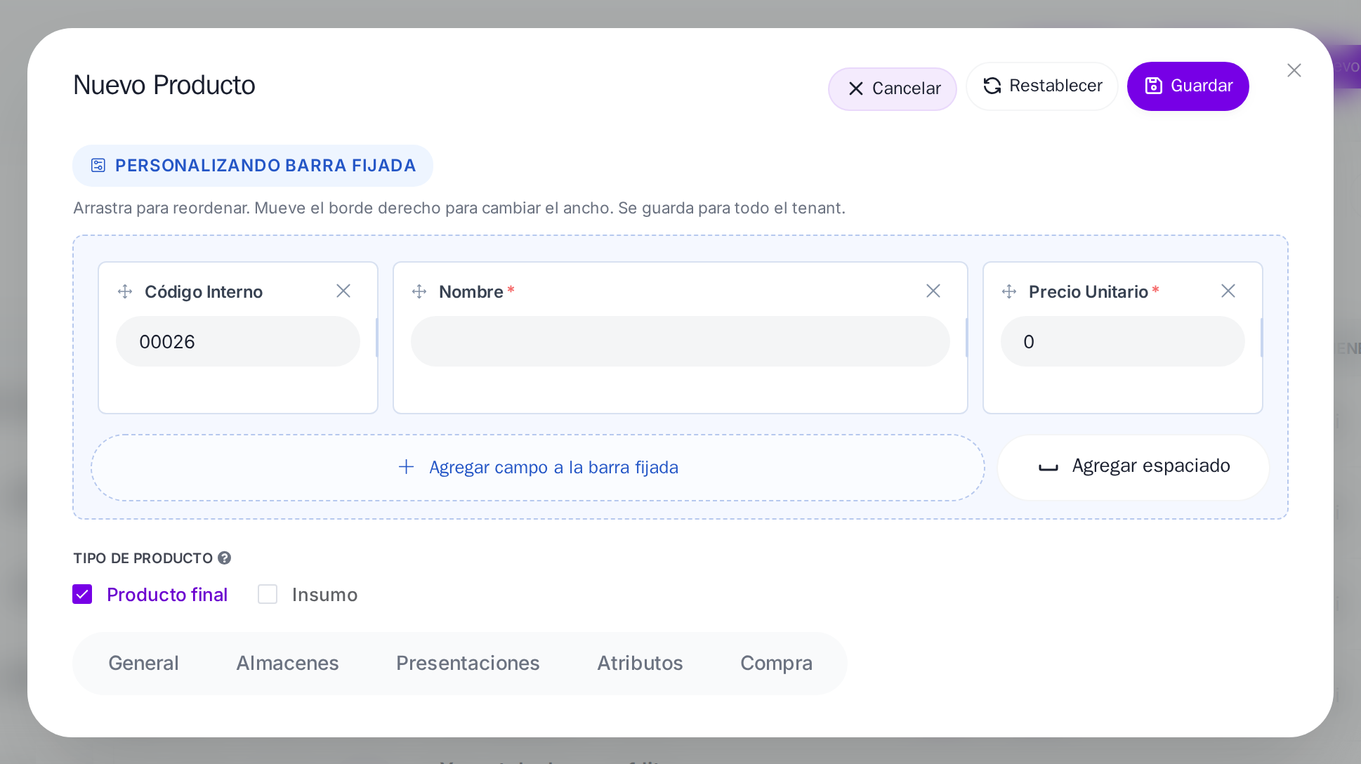 Opciones para personalizar los campos visibles del producto