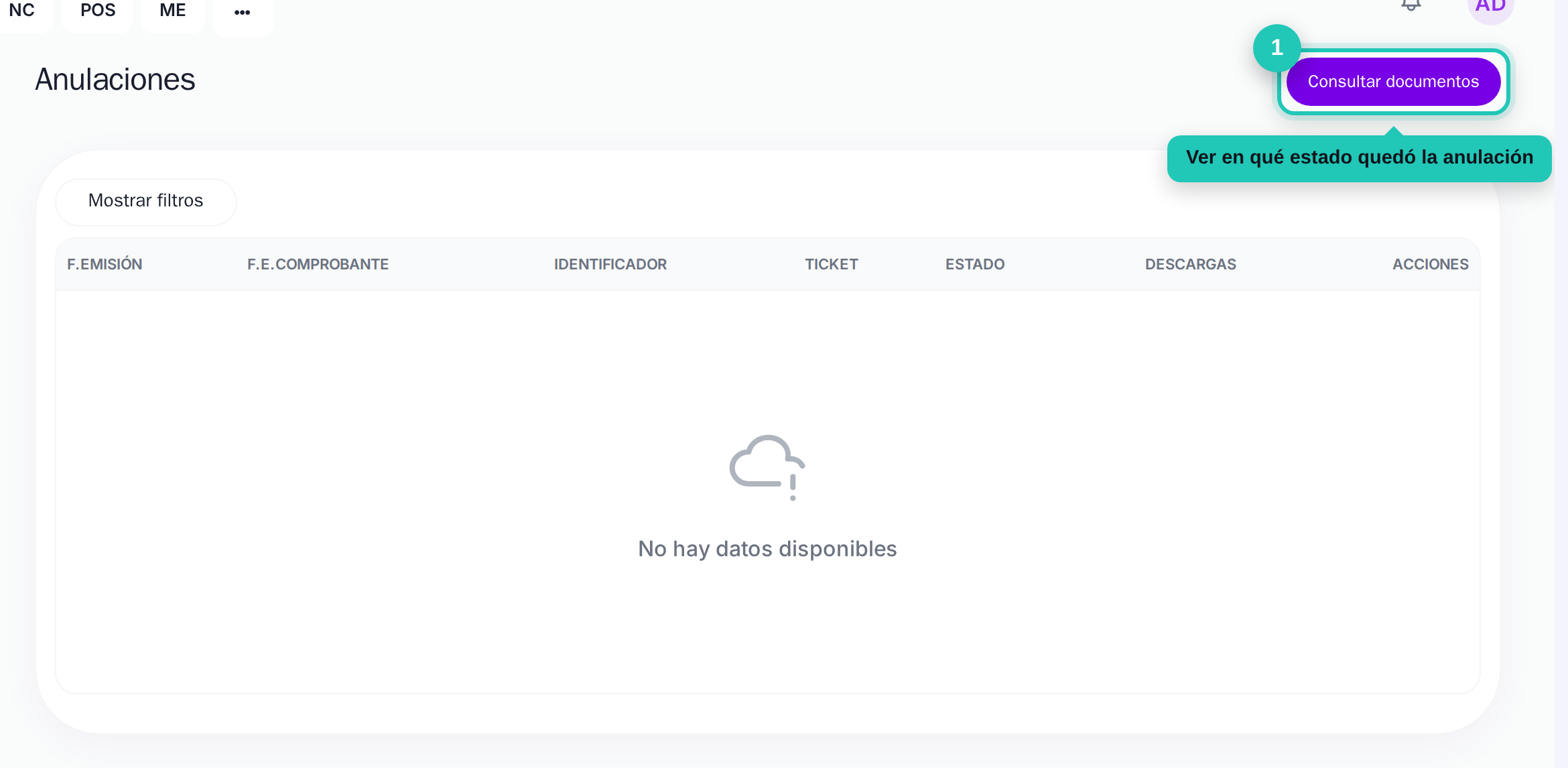 Pantalla de anulaciones con el botón de consultar documentos señalado