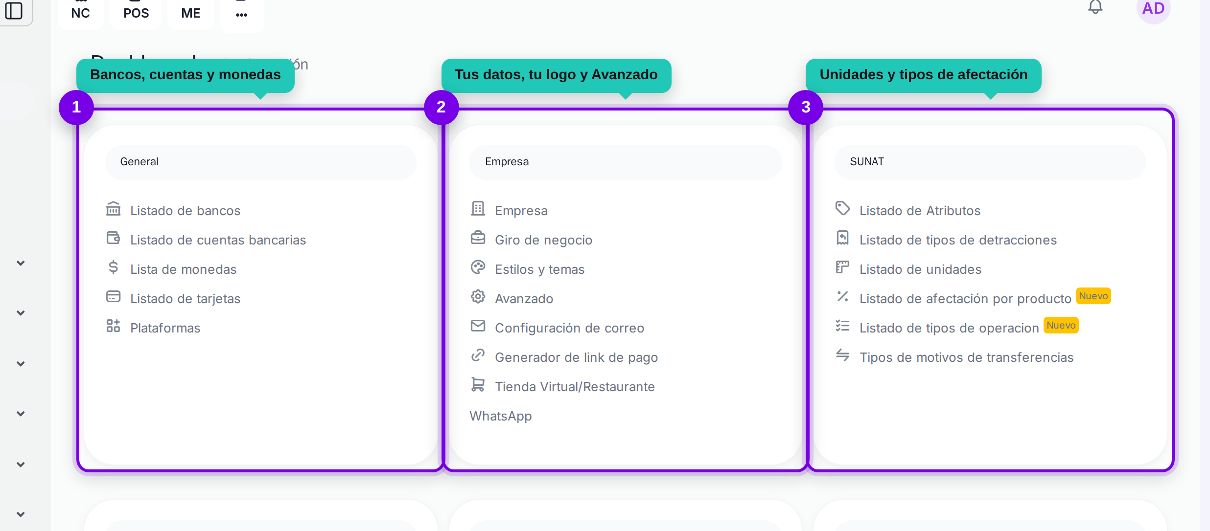Tarjetas General, Empresa y SUNAT de la configuración señaladas