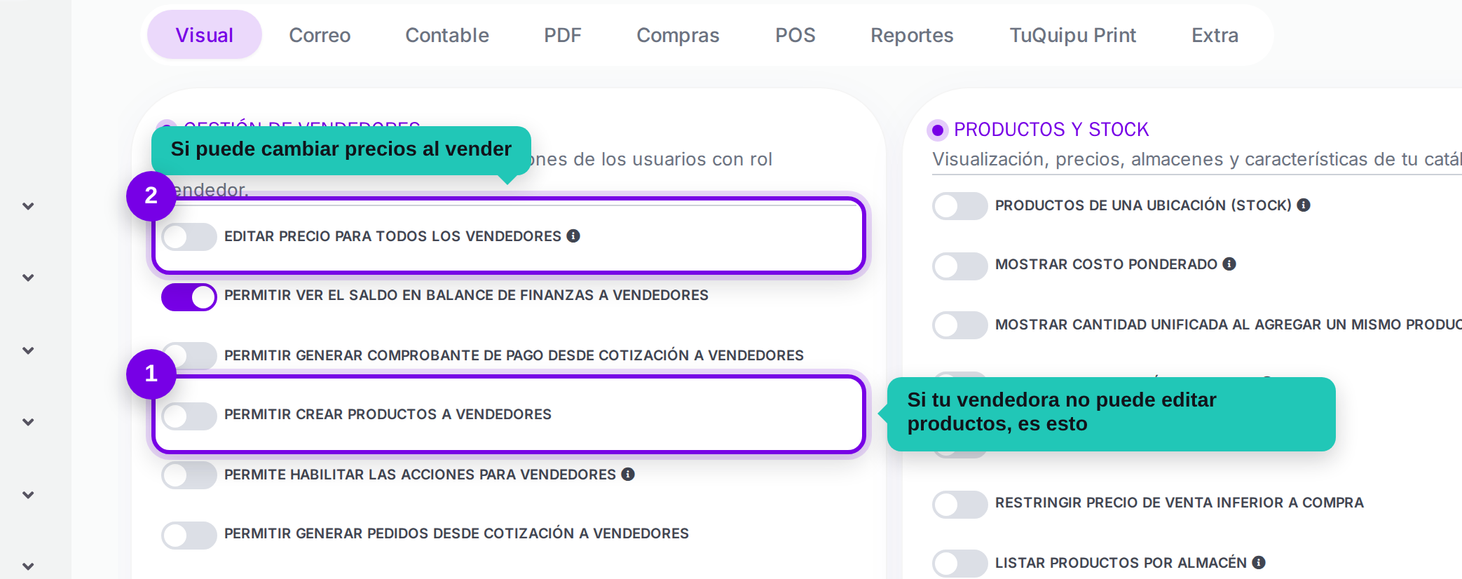 Interruptores de gestión de vendedores señalados