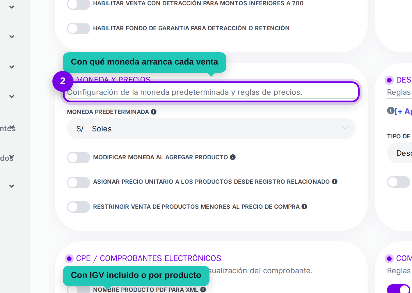 Opciones de manejo de IGV y moneda predeterminada señaladas