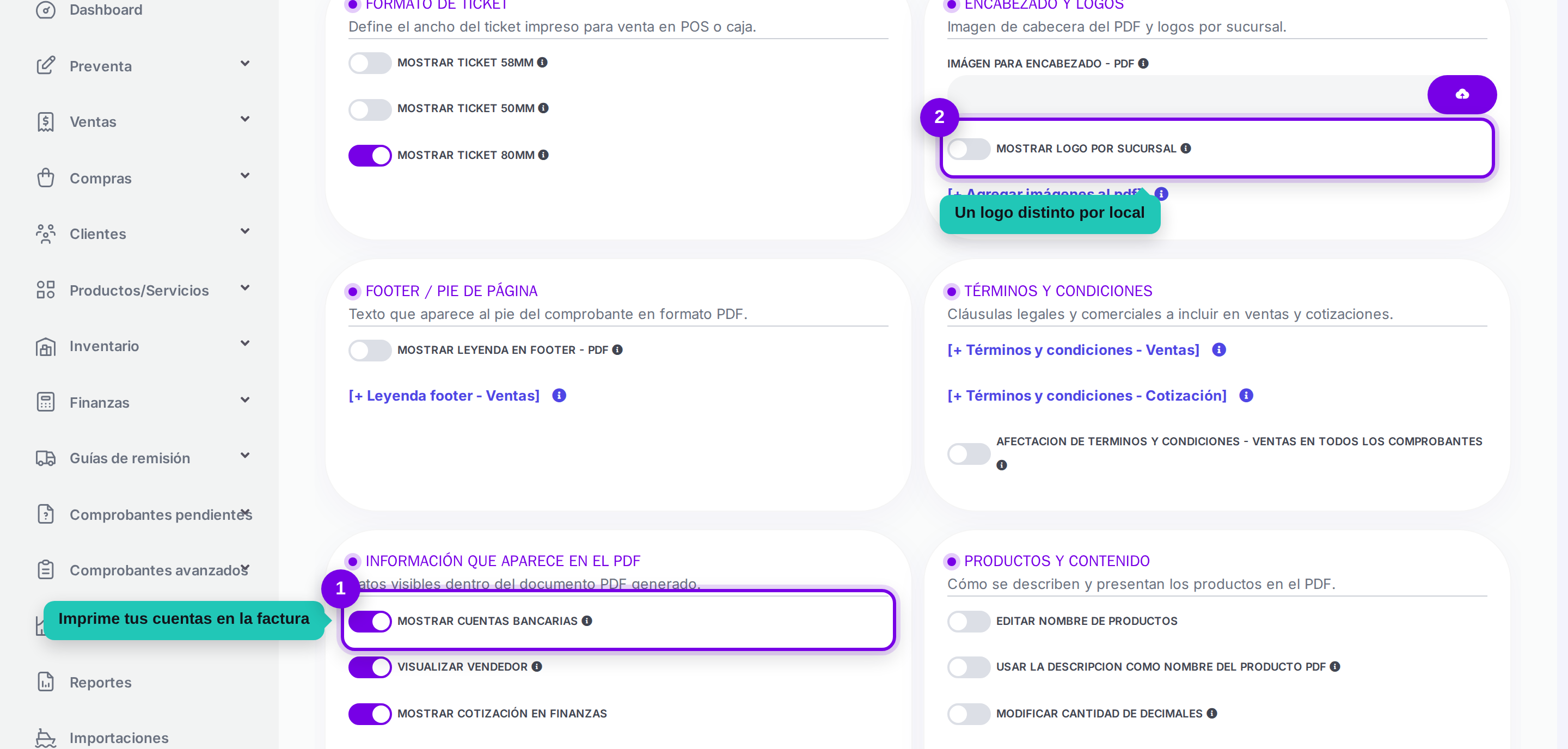 Opciones de cuentas bancarias y logo por sucursal señaladas