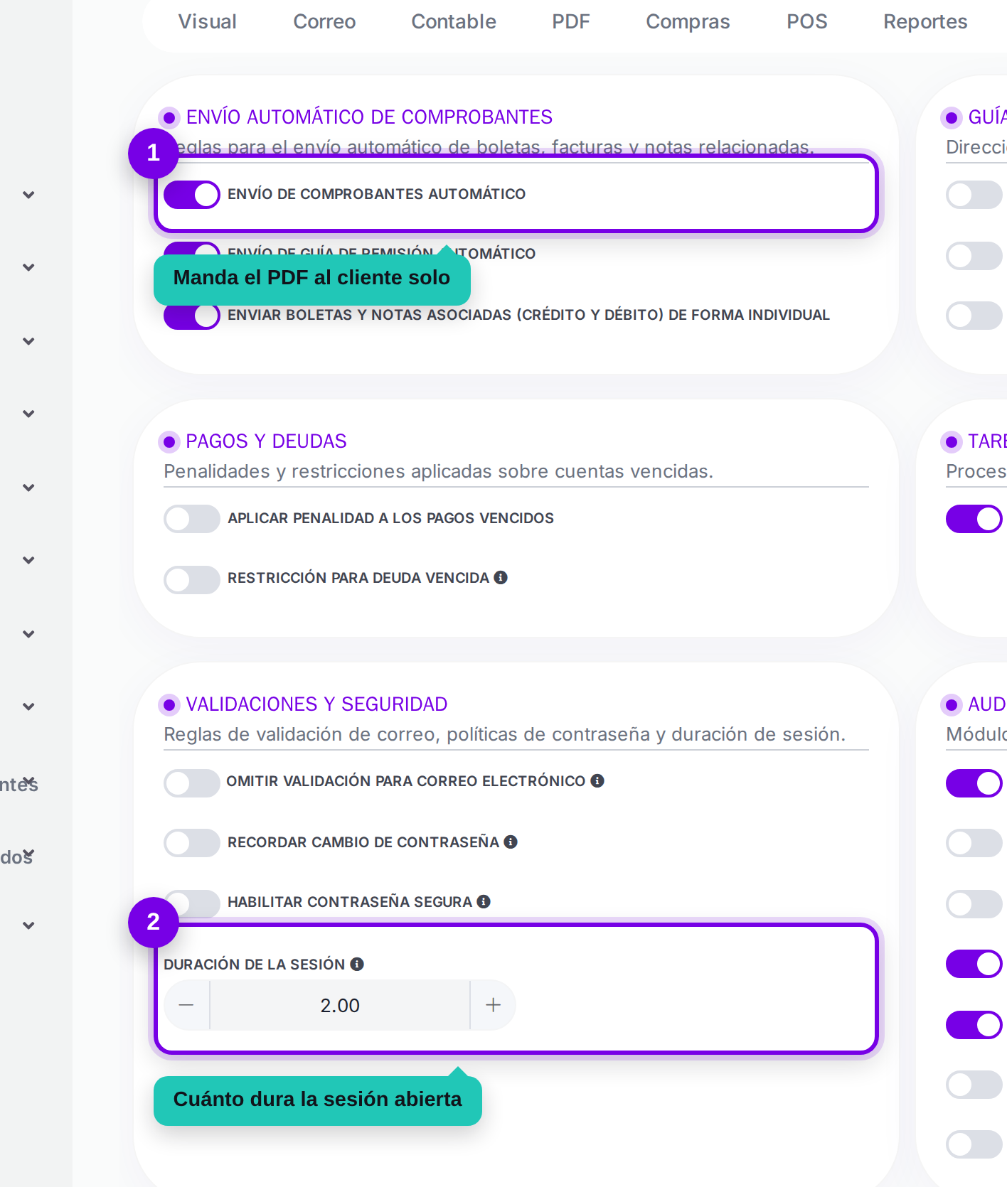 Opciones de envío automático y duración de la sesión señaladas