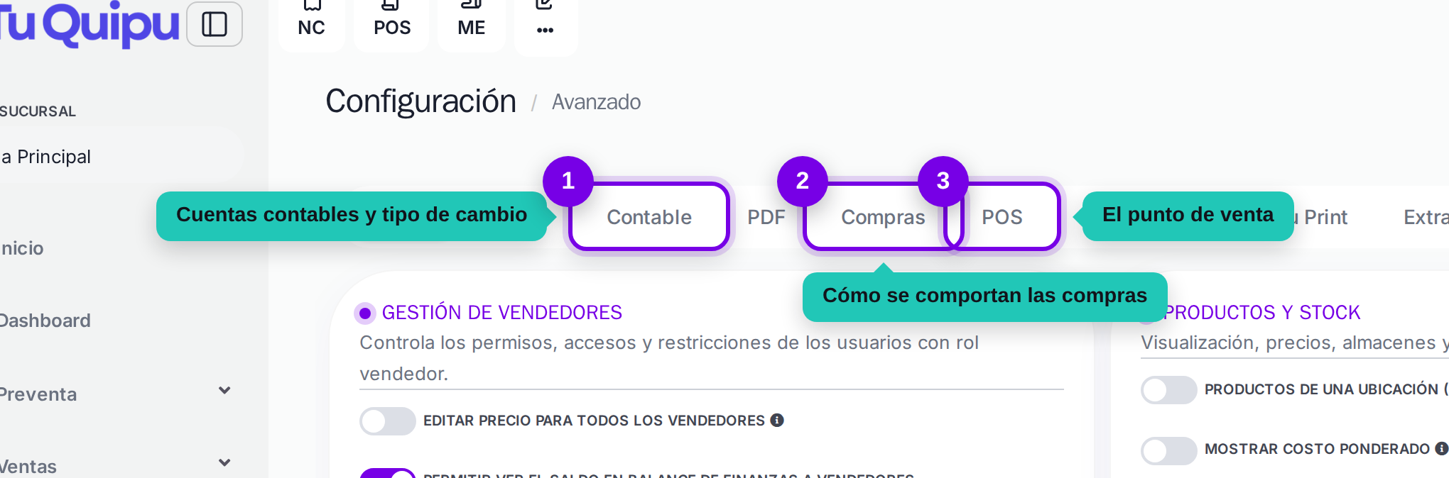 Pestañas de la pantalla Avanzado señaladas