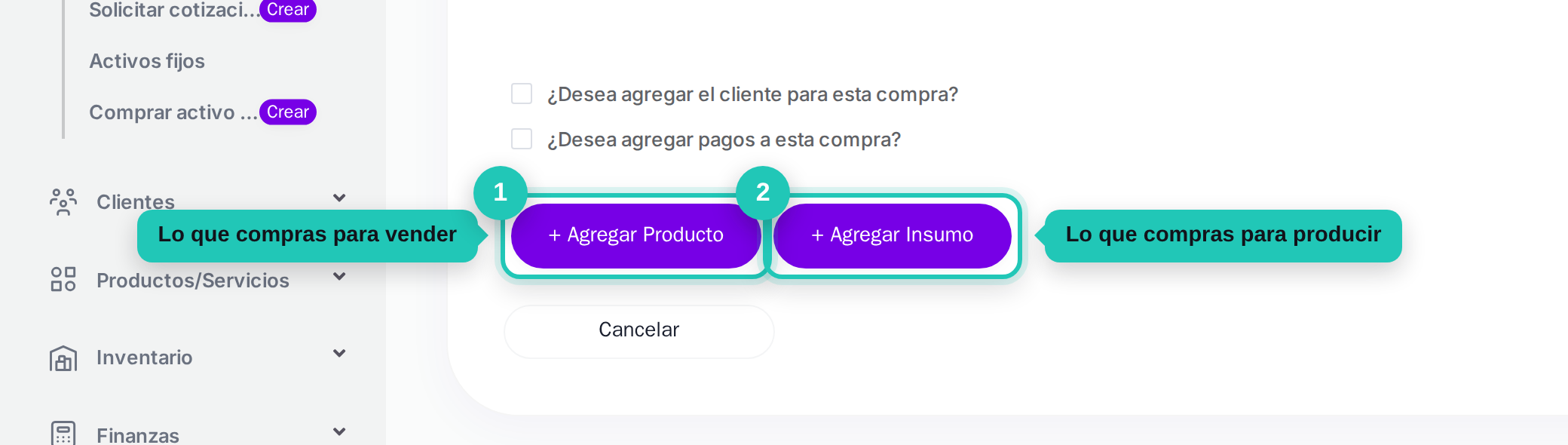 Botones de agregar producto y agregar insumo señalados