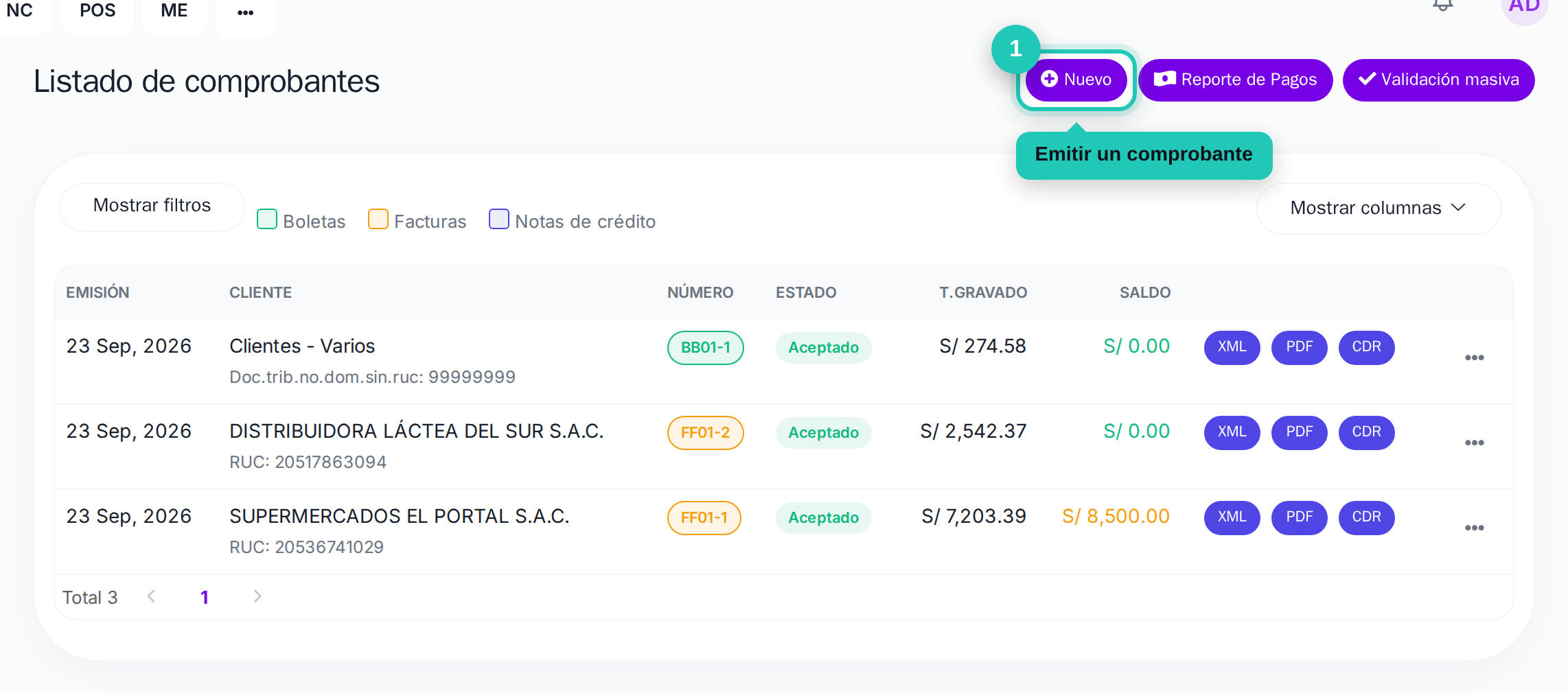 Listado de comprobantes con el botón Nuevo señalado