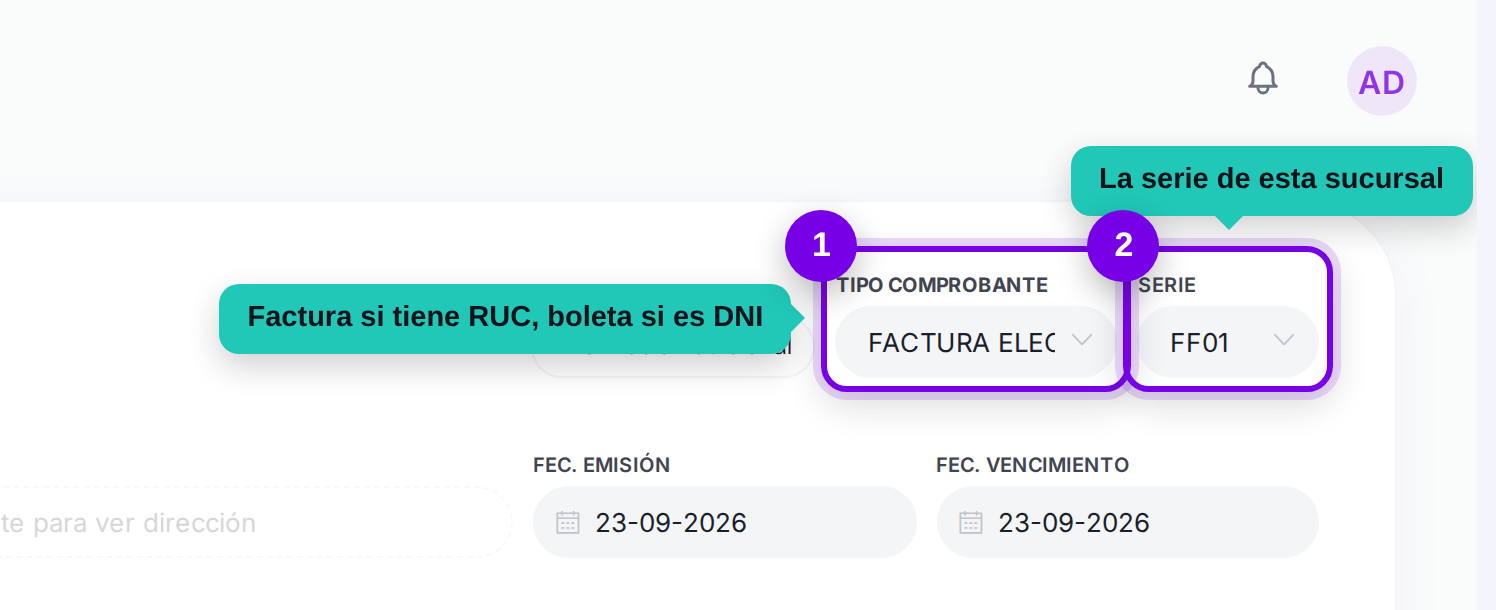Tipo de comprobante y serie señalados