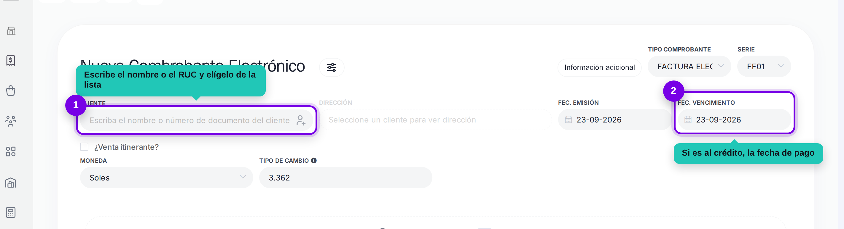 Campo de cliente y fecha de vencimiento señalados