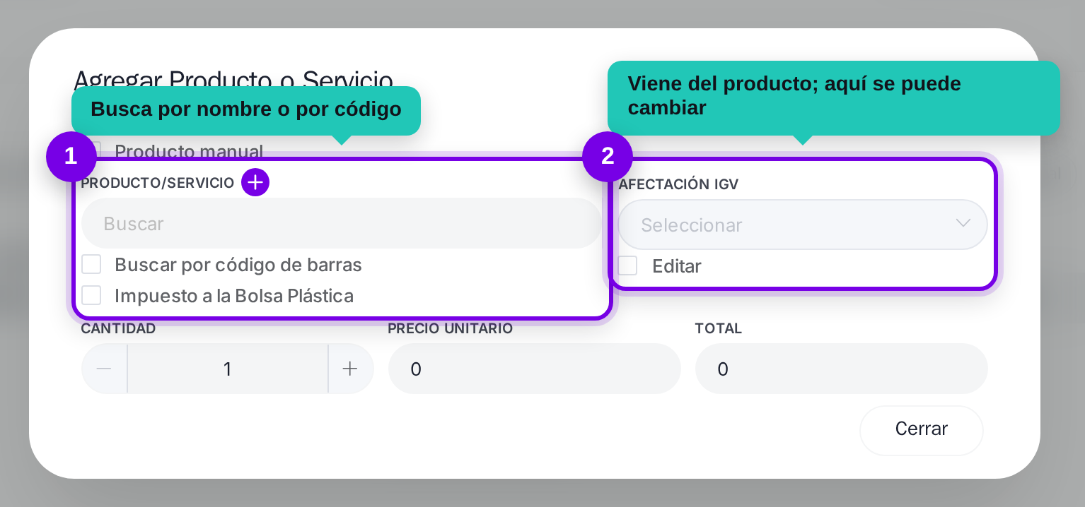Buscador de producto y afectación de IGV señalados