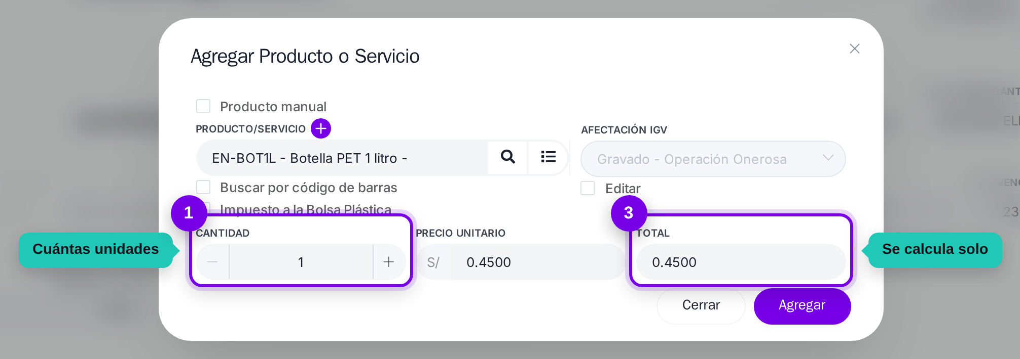Cantidad, precio y total señalados en el modal del producto