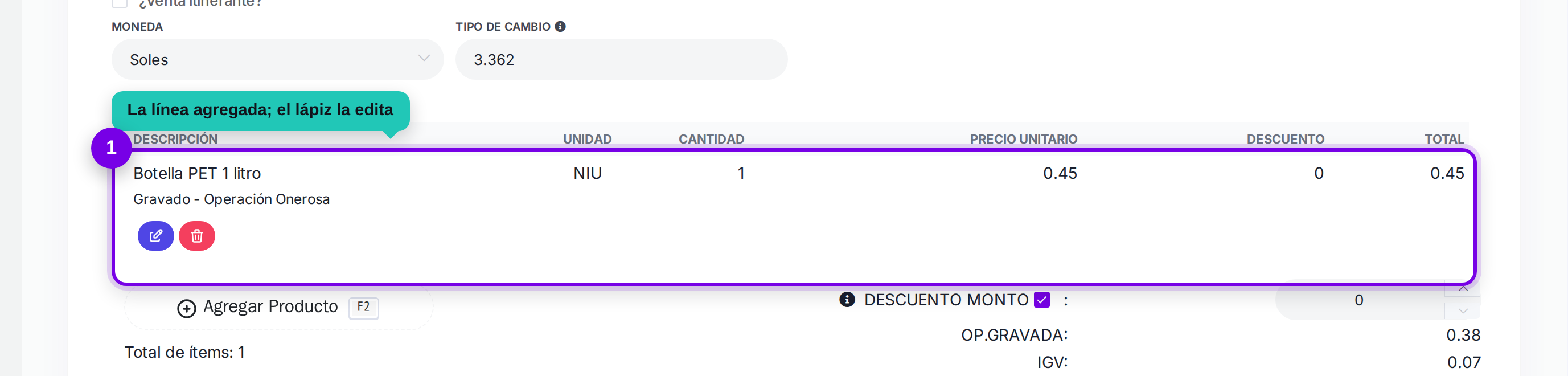 Línea agregada al comprobante señalada