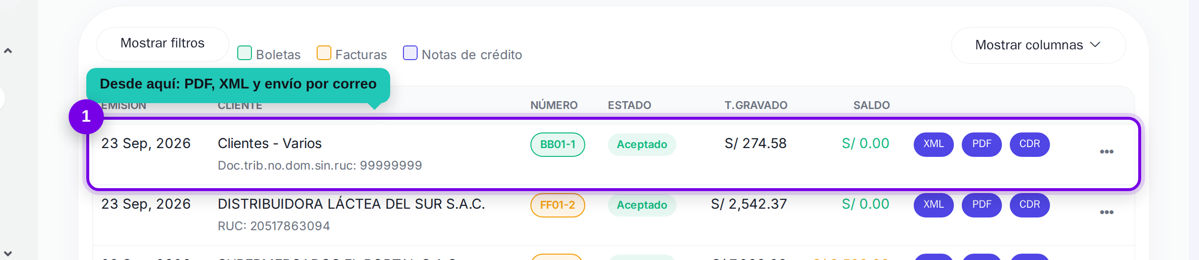 Acciones de un comprobante emitido señaladas