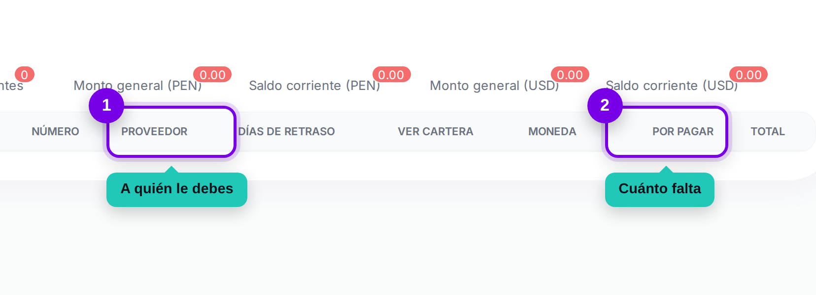 Columnas de proveedor y por pagar señaladas