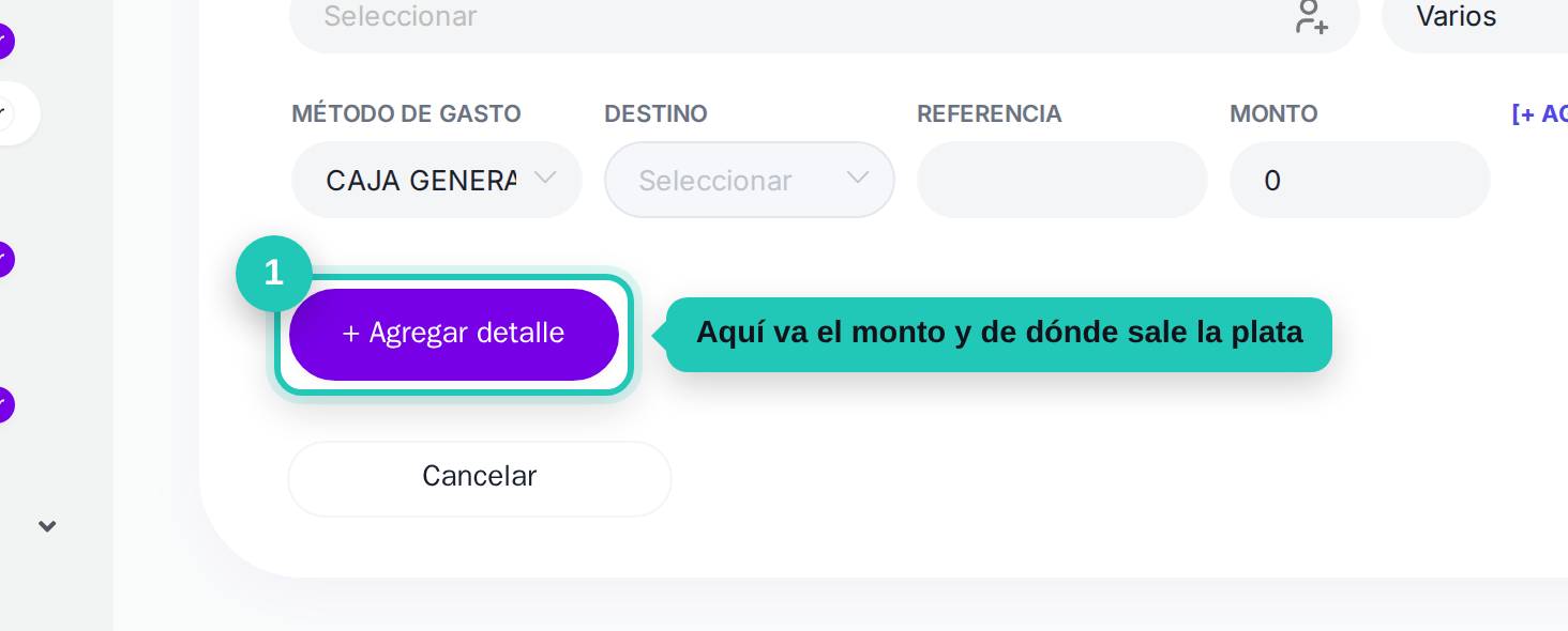Botón de agregar detalle del gasto señalado