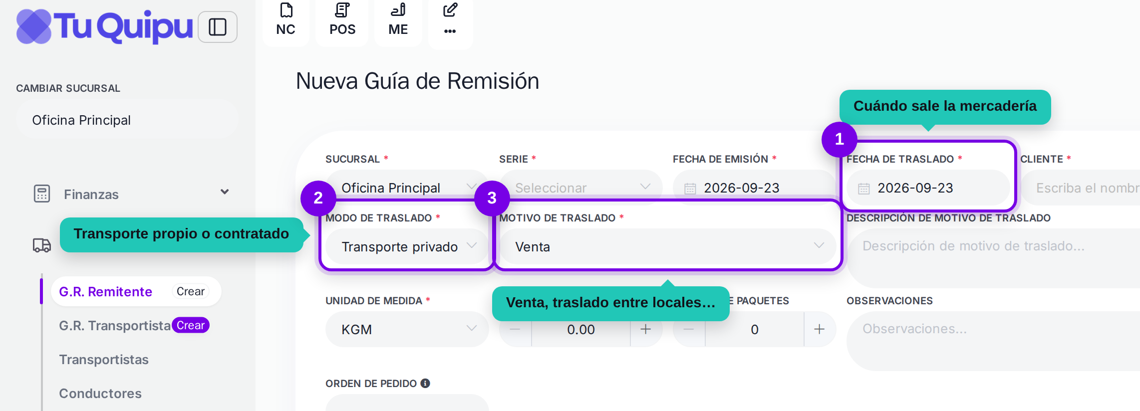 Fecha, modo y motivo de traslado señalados