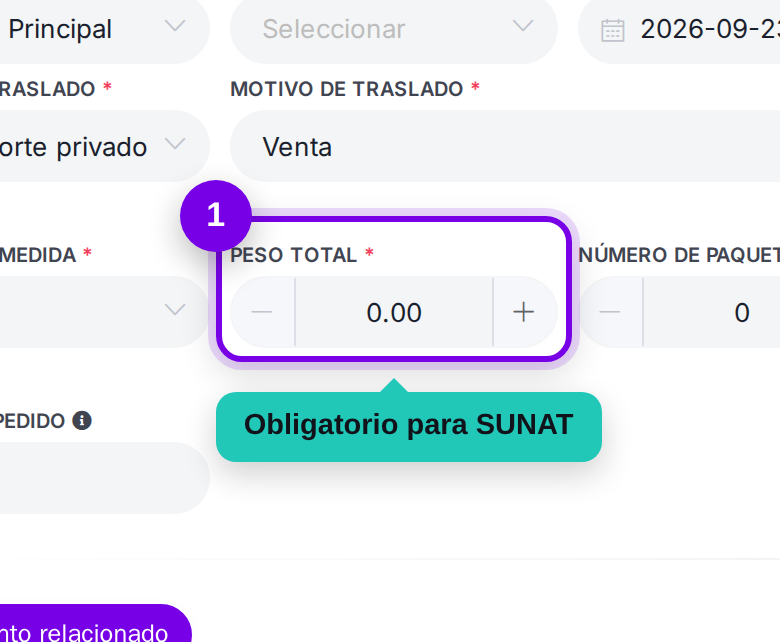 Peso total y productos señalados