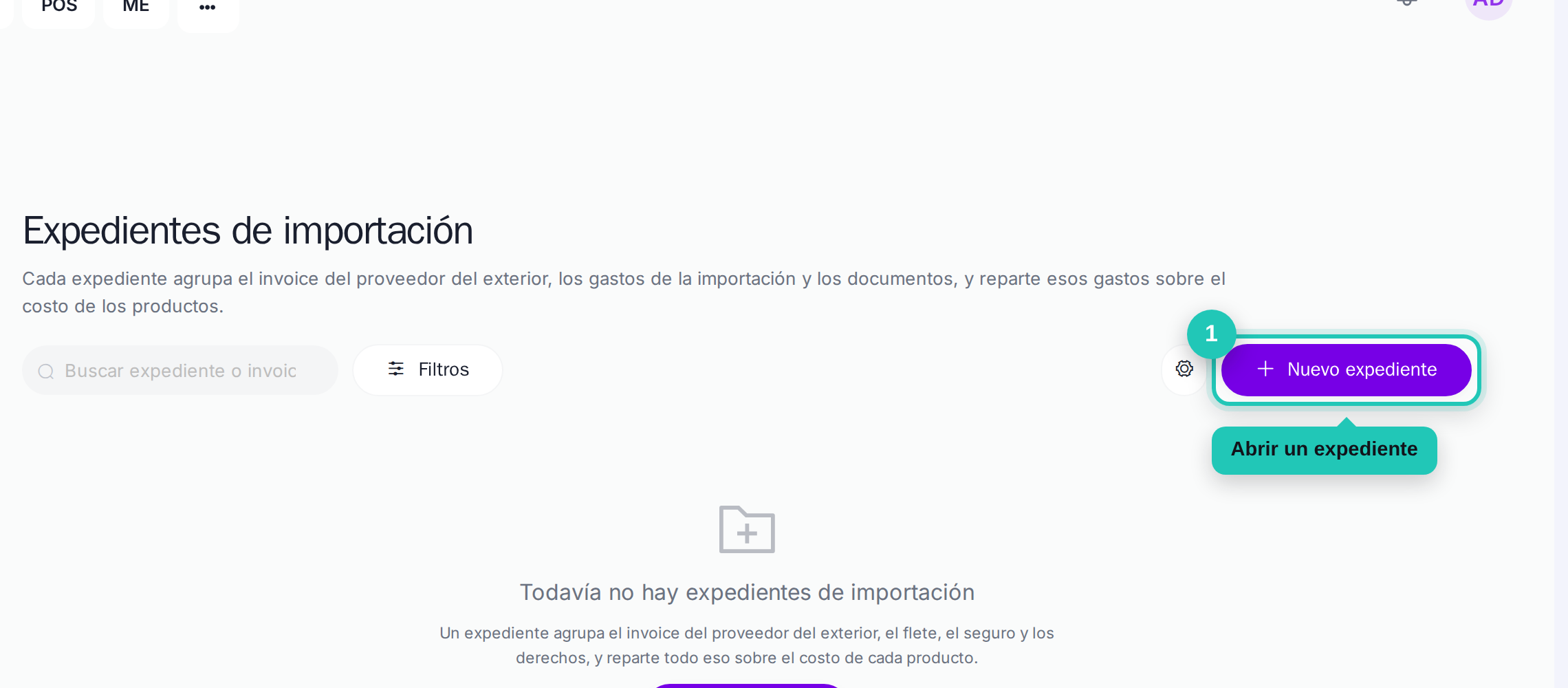 Listado de expedientes de importación con el botón Nuevo expediente señalado