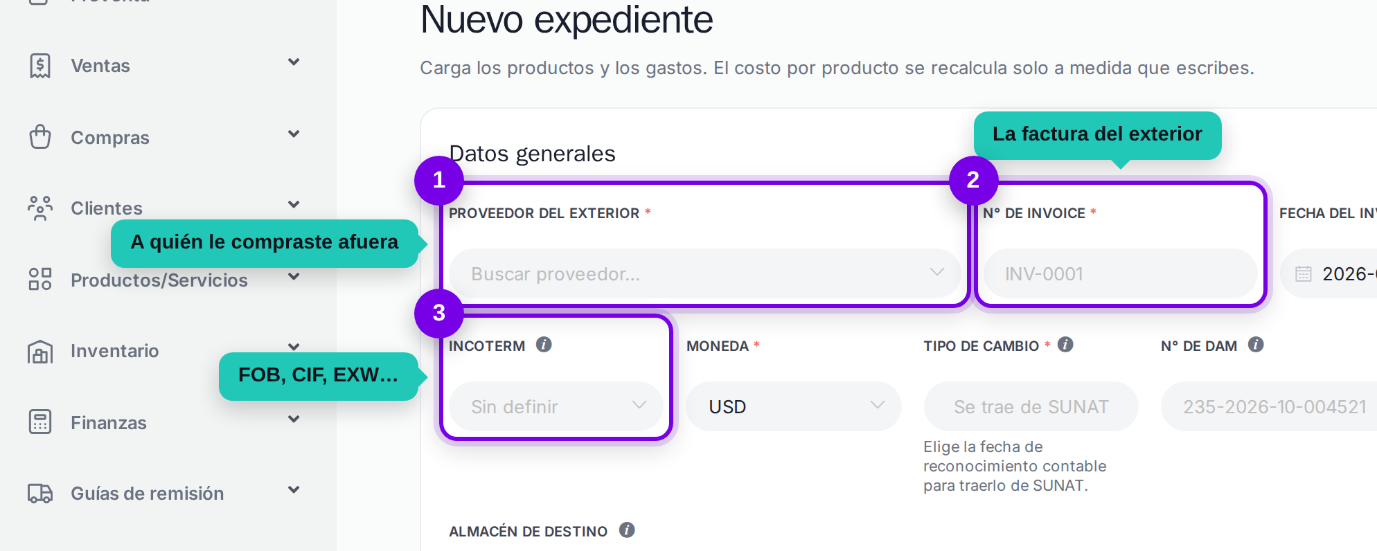 Proveedor del exterior, número de invoice e incoterm señalados