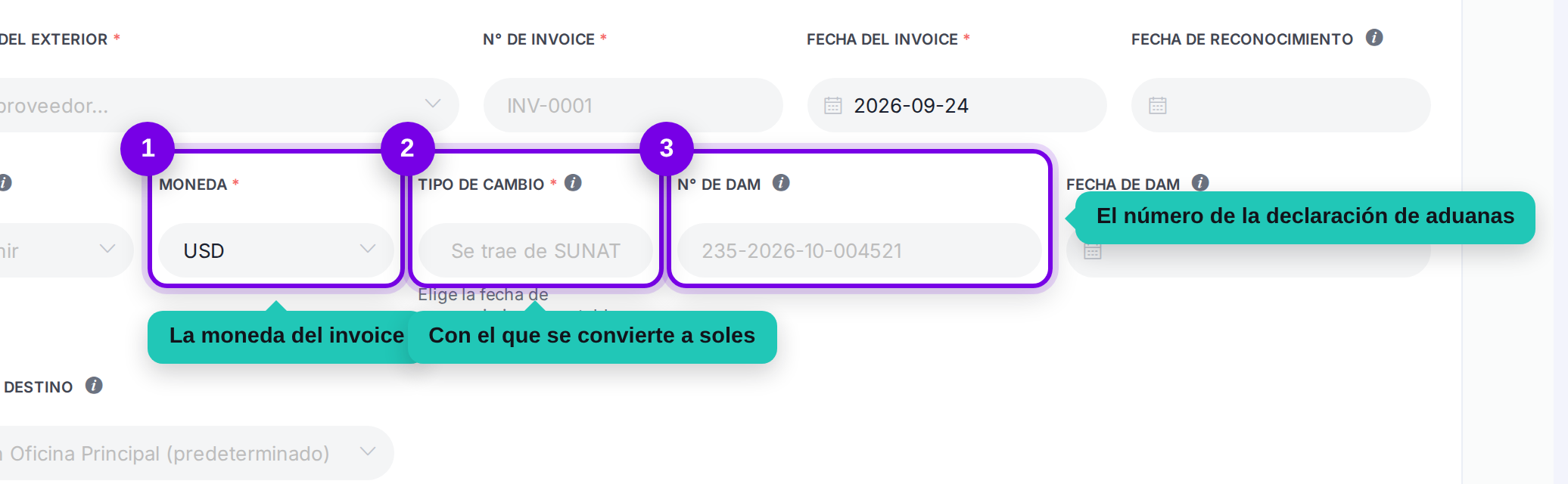 Moneda, tipo de cambio y número de DAM señalados