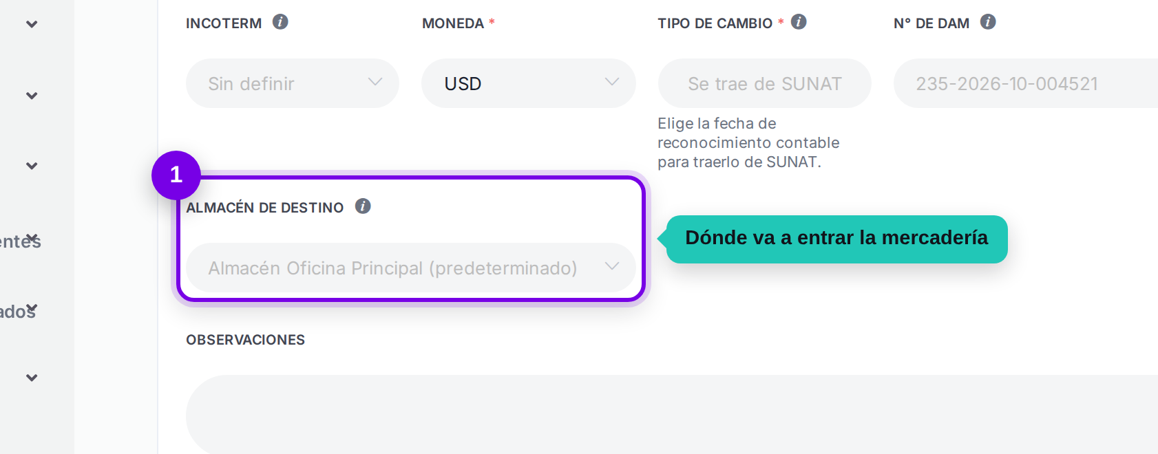 Almacén de destino señalado