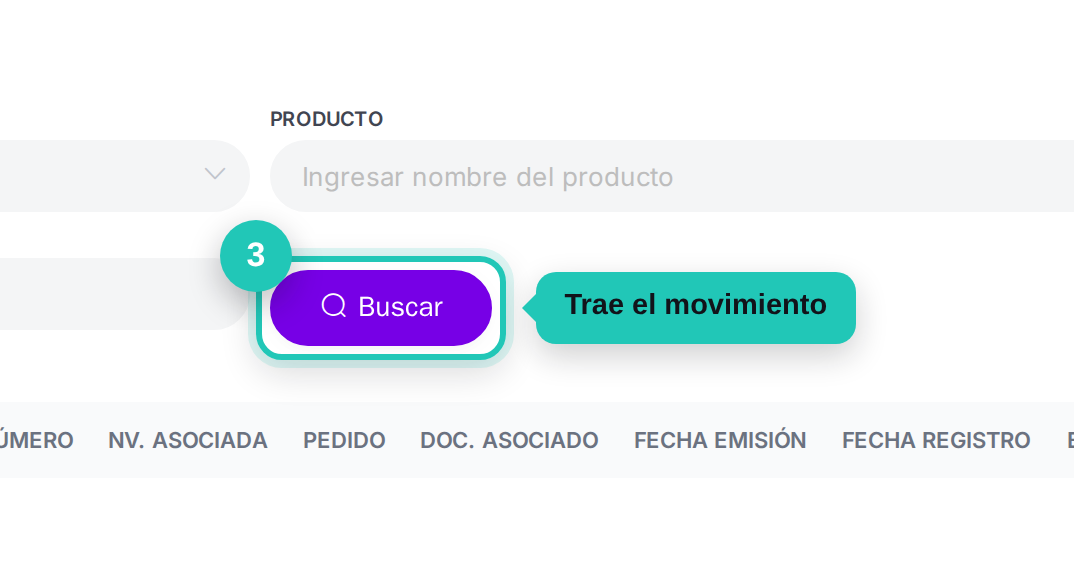 Filtros de almacén, producto y botón buscar señalados