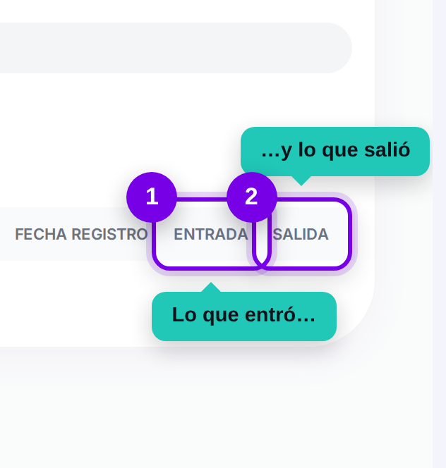 Columnas de entrada y salida del kardex señaladas