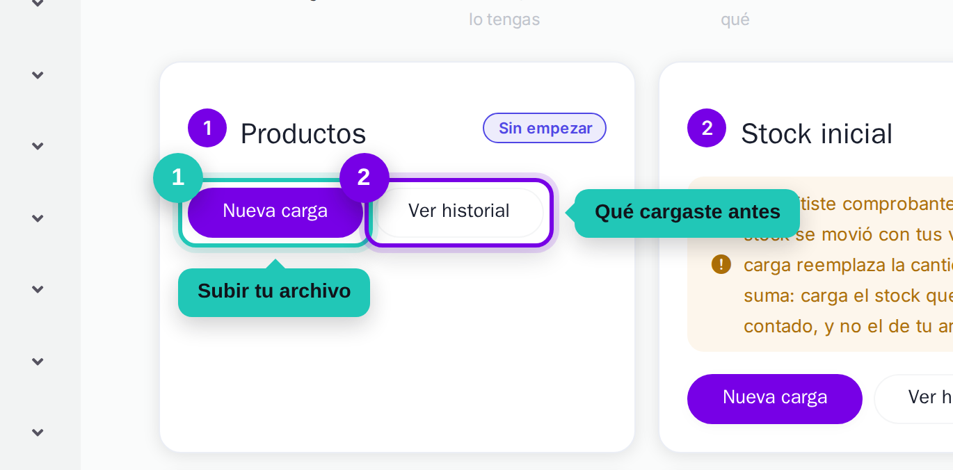 Botones de nueva carga y ver historial señalados
