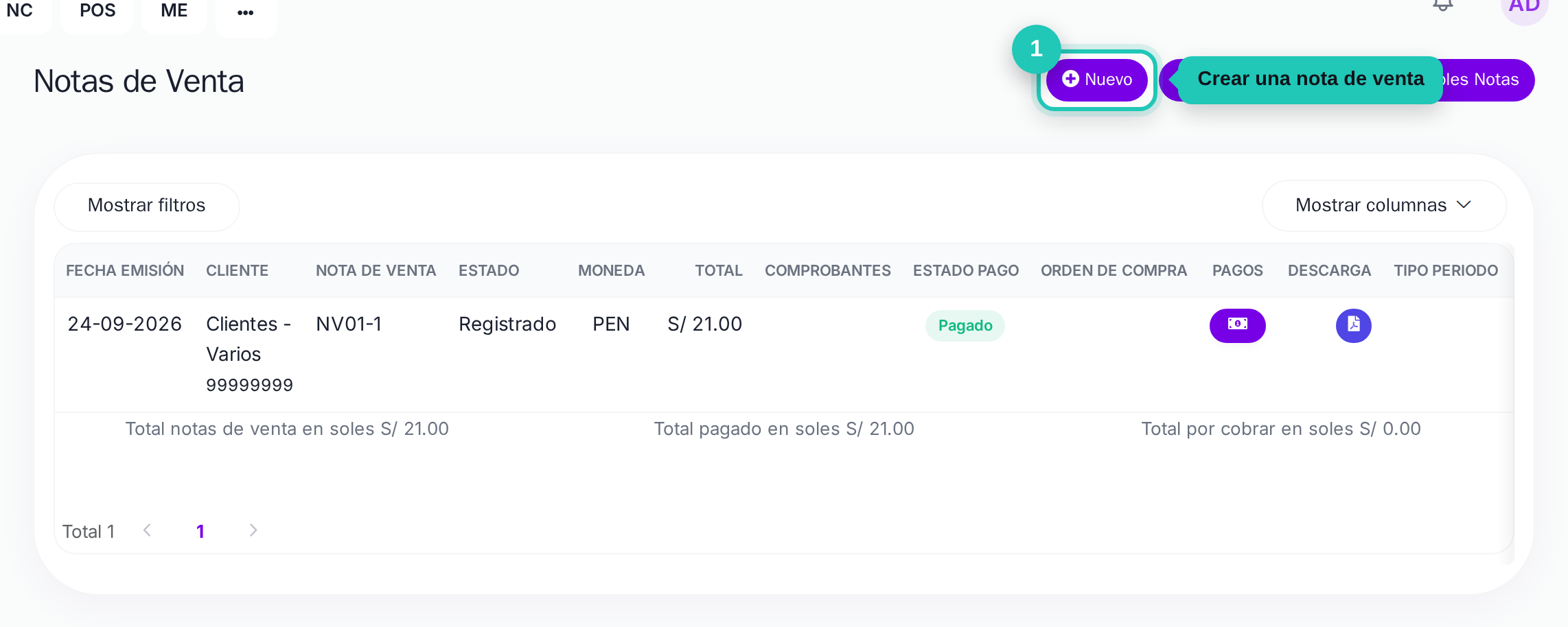 Listado de notas de venta con el botón Nuevo señalado