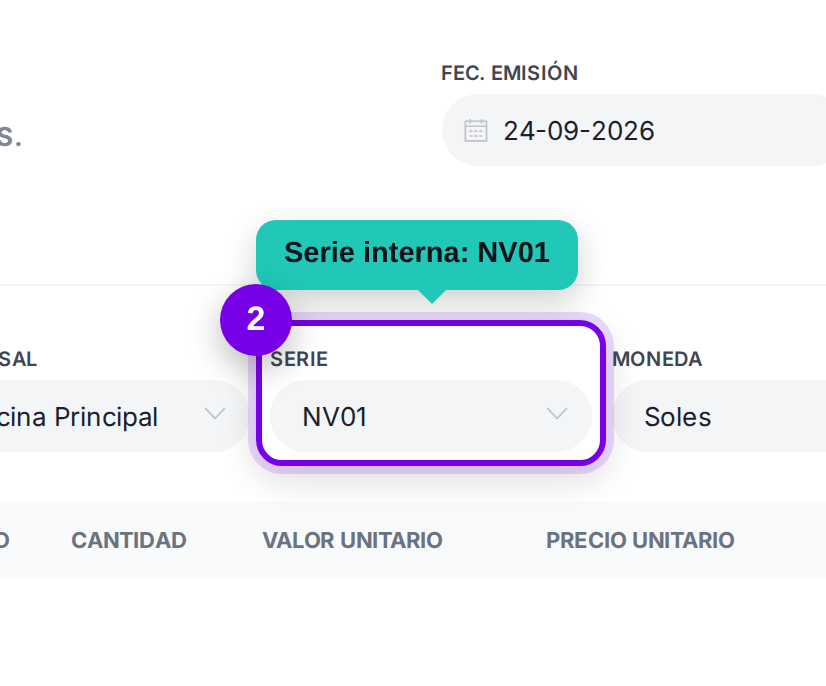 Campos de cliente y serie de la nota de venta señalados