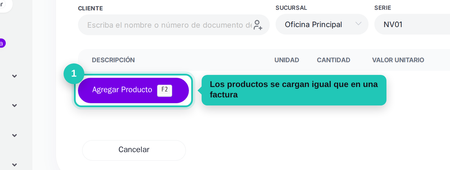 Botón de agregar producto en la nota de venta señalado