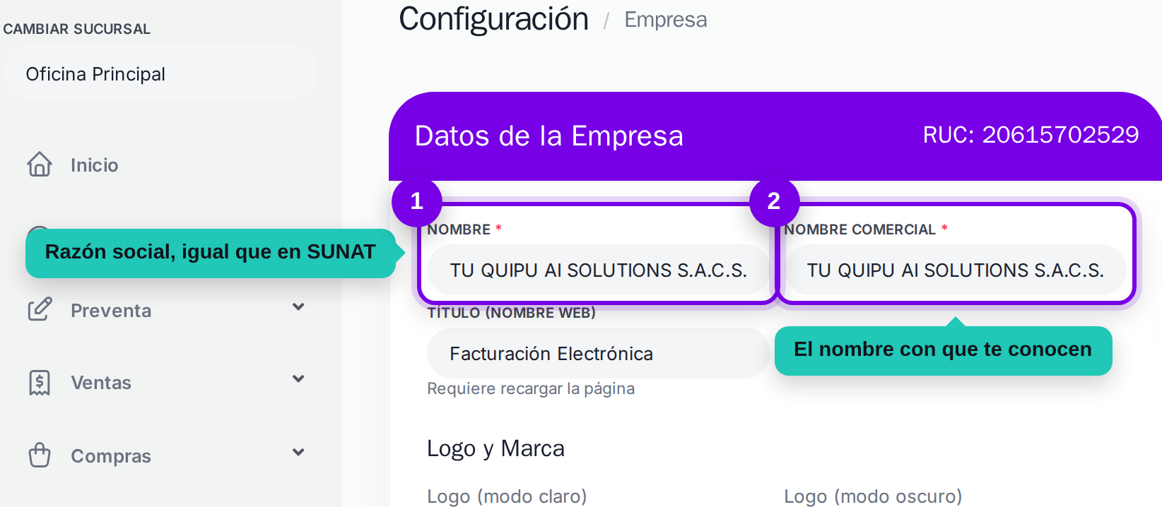 Campos de nombre y nombre comercial señalados