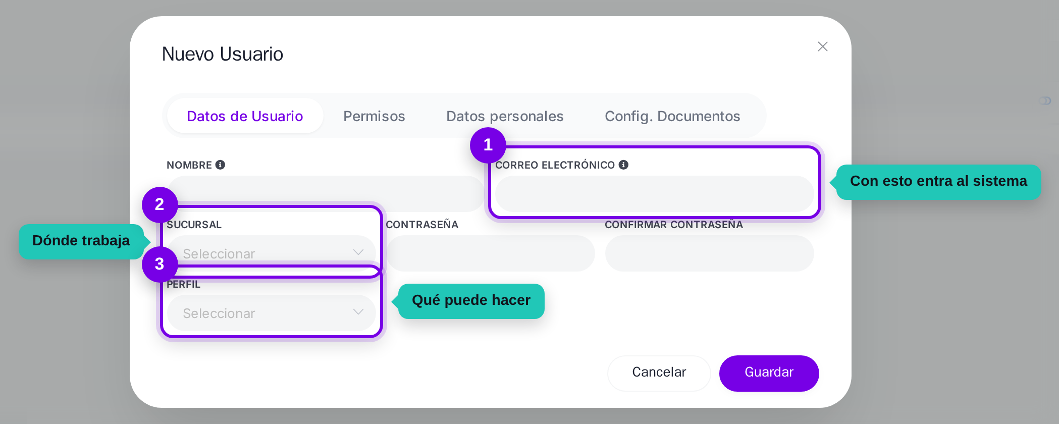 Campos de correo, sucursal y perfil señalados