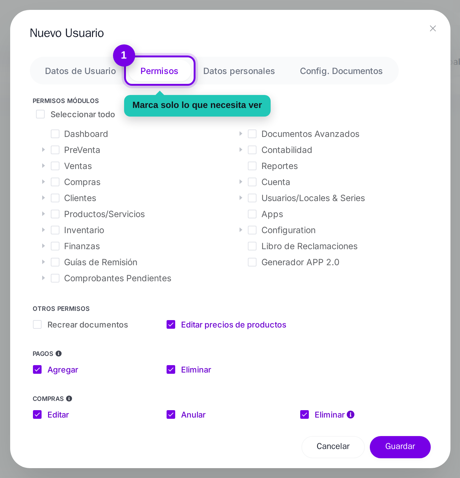 Pestaña de Permisos del formulario de usuario señalada