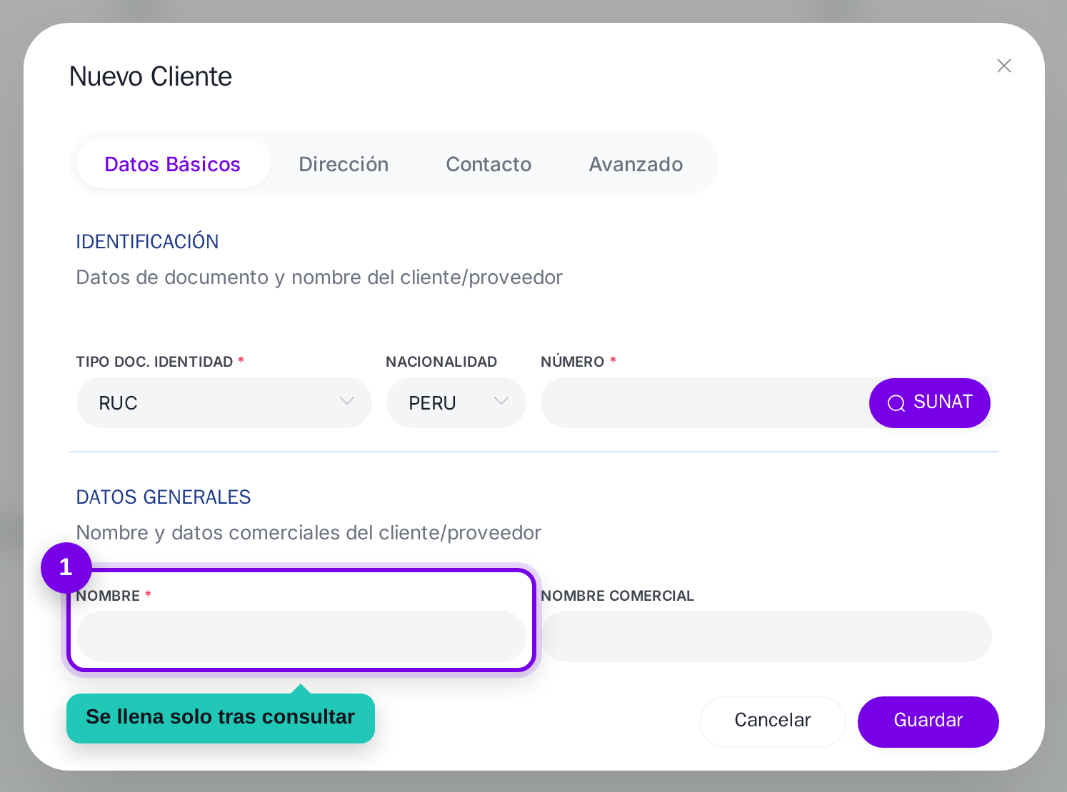 Campo de nombre del cliente señalado