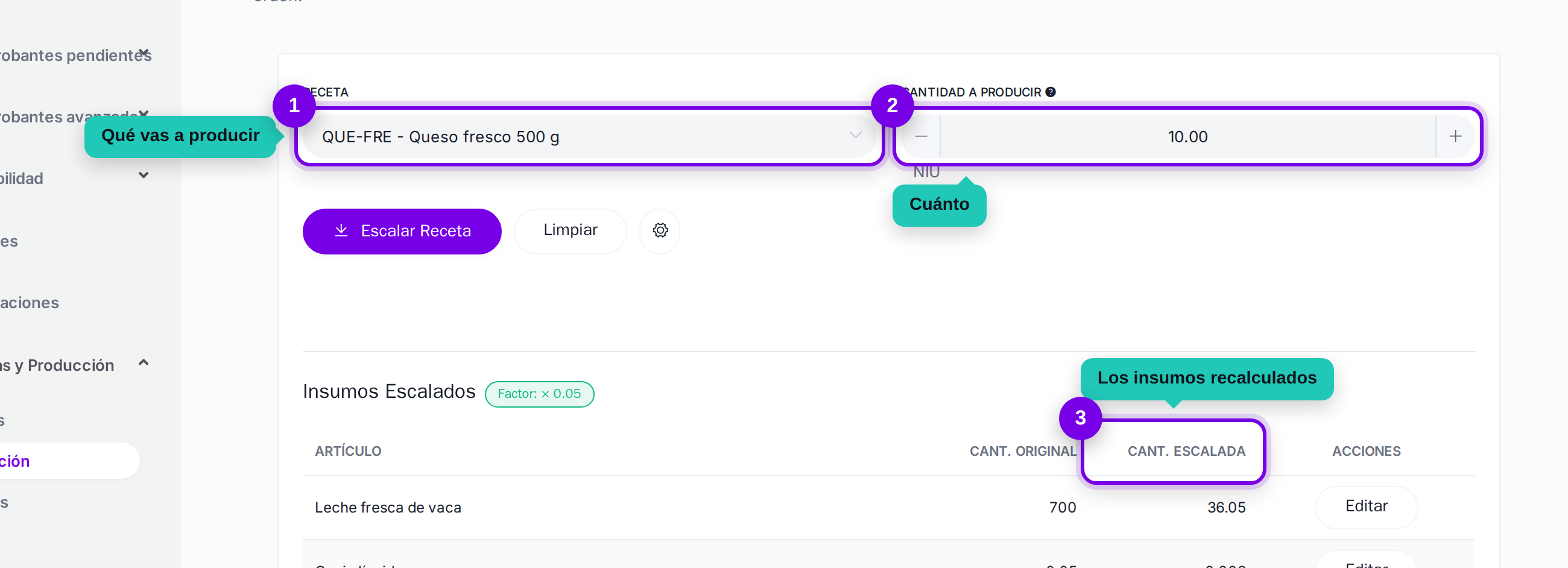 Receta, cantidad a producir y botón de escalar señalados