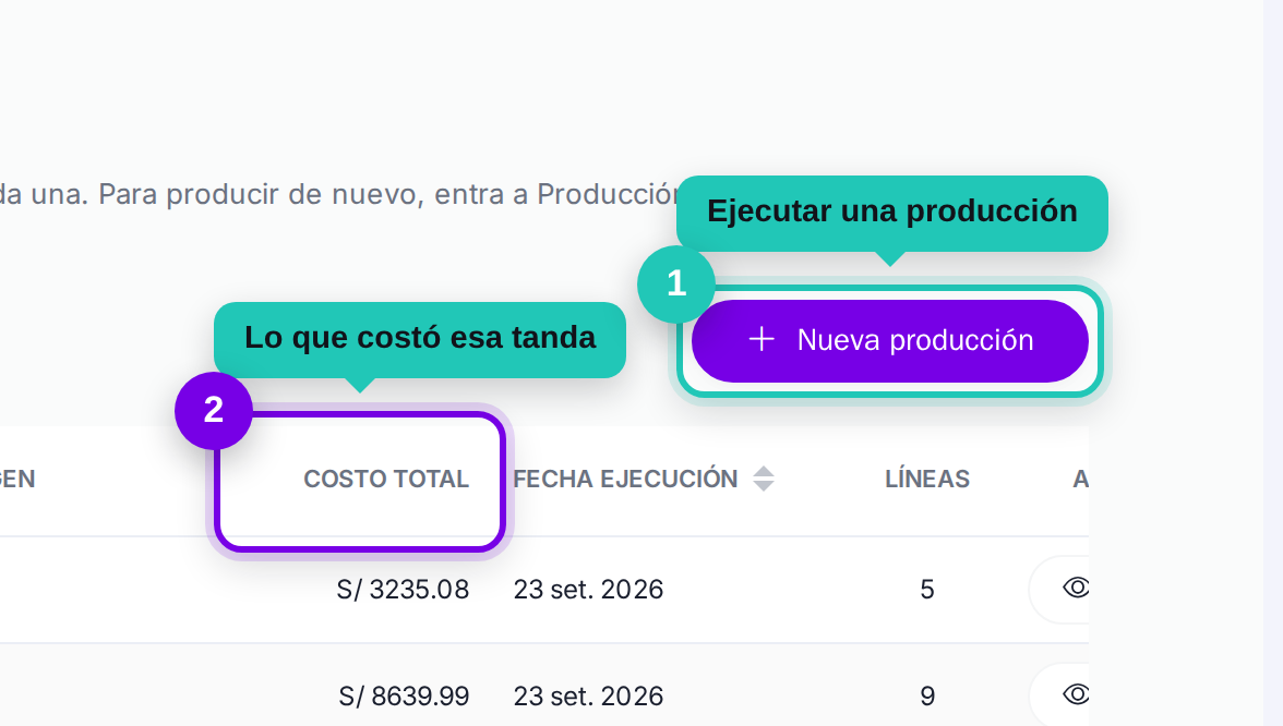 Listado de órdenes de producción con el botón Nueva producción señalado