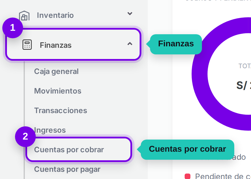 Camino en el menú: Finanzas, luego Cuentas por cobrar