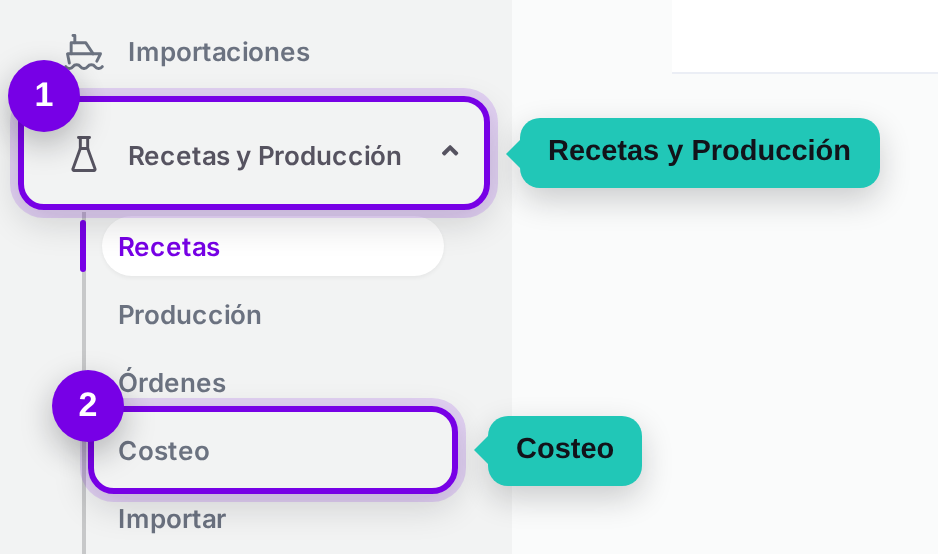 Camino en el menú: Recetas y Producción, luego Costeo