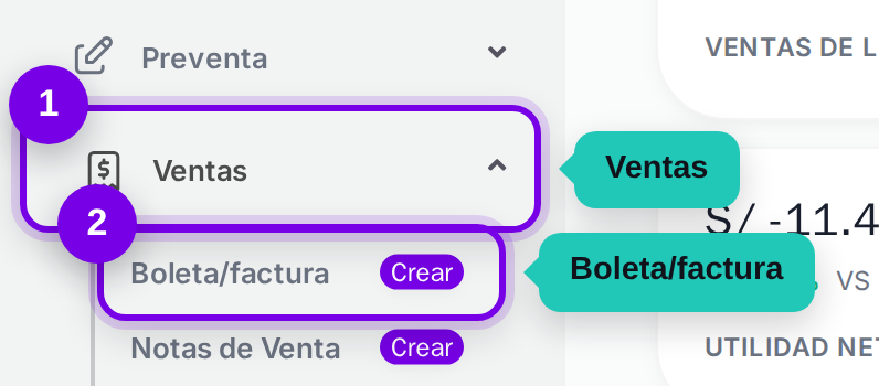 Camino en el menú: Ventas, luego Boleta/factura