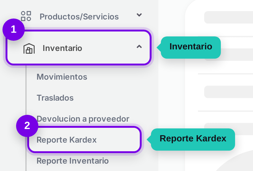 Camino en el menú: Inventario, luego Reporte Kardex