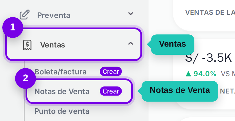 Camino en el menú: Ventas, luego Notas de Venta