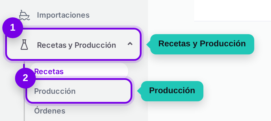 Camino en el menú: Recetas y Producción, luego Producción