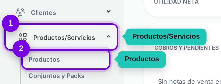 Camino en el menú: Productos/Servicios, luego Productos