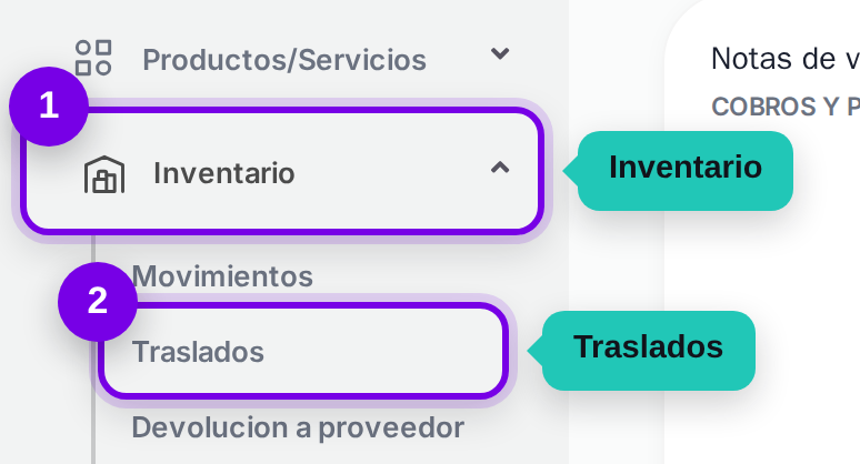 Camino en el menú: Inventario, luego Traslados